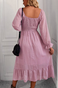 Swiss Dot Smocked Ruffle Hem Flounce Sleeve Dress