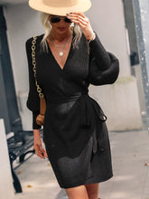 Load image into Gallery viewer, Belted Surplice Lantern Sleeve Wrap Sweater Dress
