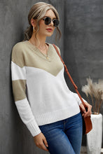 Load image into Gallery viewer, Chevron Color Block V-Neck Dropped Shoulder Sweater
