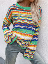 Load image into Gallery viewer, Rainbow Stripe Openwork Flare Sleeve Knit Top
