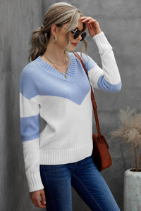 Chevron Color Block V-Neck Dropped Shoulder Sweater