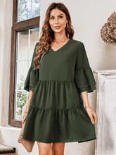 Load image into Gallery viewer, V-Neck Three-Quarter Flounce Sleeve Tiered Dress
