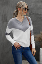 Load image into Gallery viewer, Chevron Color Block V-Neck Dropped Shoulder Sweater
