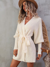 Load image into Gallery viewer, Belted Surplice Lantern Sleeve Wrap Sweater Dress
