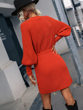 Load image into Gallery viewer, Belted Surplice Lantern Sleeve Wrap Sweater Dress
