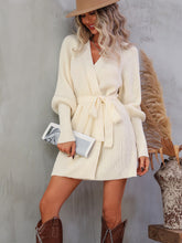 Load image into Gallery viewer, Belted Surplice Lantern Sleeve Wrap Sweater Dress
