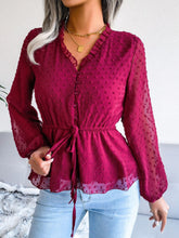 Load image into Gallery viewer, Swiss Dot Frill Trim Drawstring Waist Peplum Blouse
