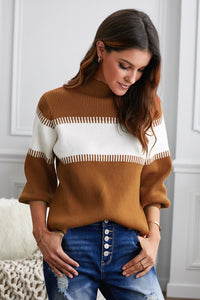 Color Block High Neck Lantern Sleeve Pullover Sweater